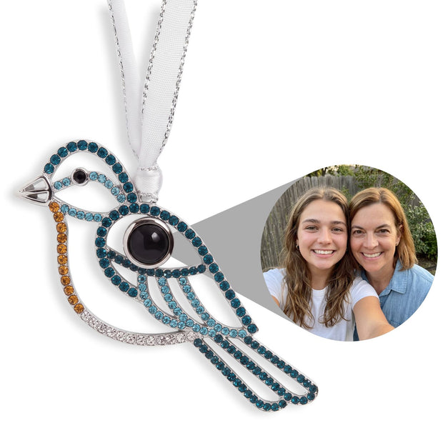 Personalized Blue Bird Photo Ornament, shown with a sample photo