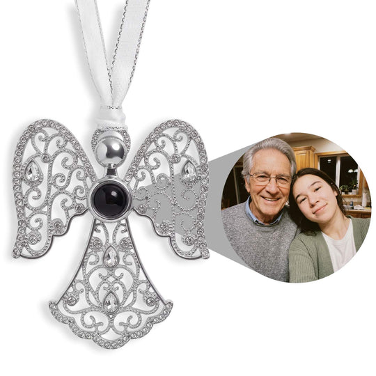 Personalized Filigree Angel Photo Ornament, shown with a sample photo