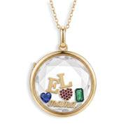 For Mom set: a mama charm, pave heart, initials E and L and two birthstones inside the circle locket