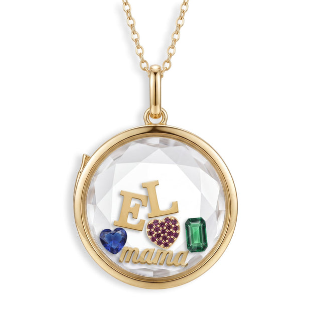 For Mom set: a mama charm, pave heart, initials E and L and two birthstones inside the circle locket