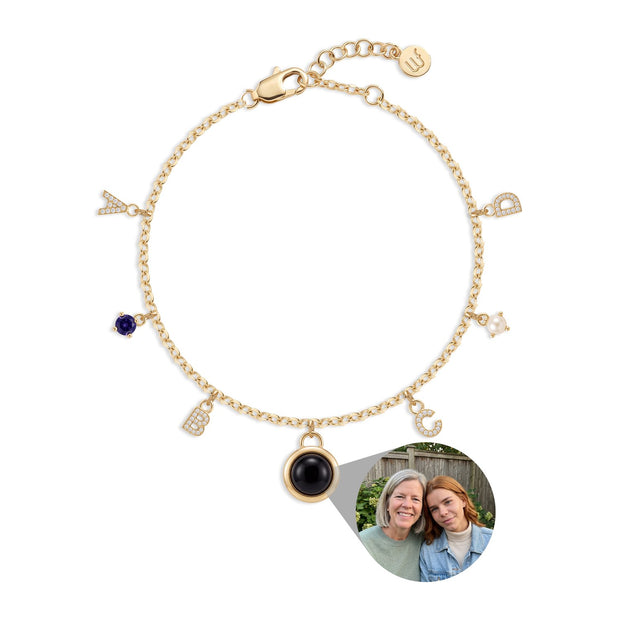 Mini charm bracelet with four initials, two birthstones and a photo gem