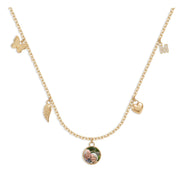 Mini charm necklace with a round photo charm in the center, a butterfly, an angel wing, a heart and an initial