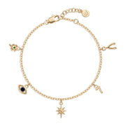 Mini charm bracelet with a clover, an evil eye, a North Star, a number 7 and a wishbone