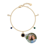 Mini charm bracelet with two initials, two birthstones and a photo gem in the center