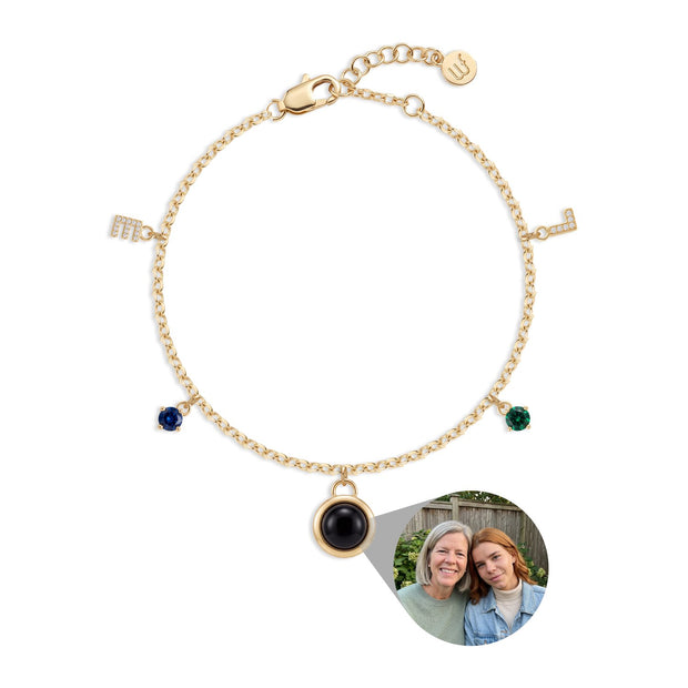 Mini charm bracelet with two initials, two birthstones and a photo gem in the center