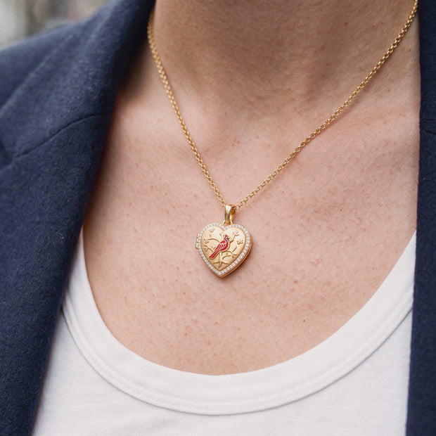 Personalized Cardinal Locket Necklace, worn