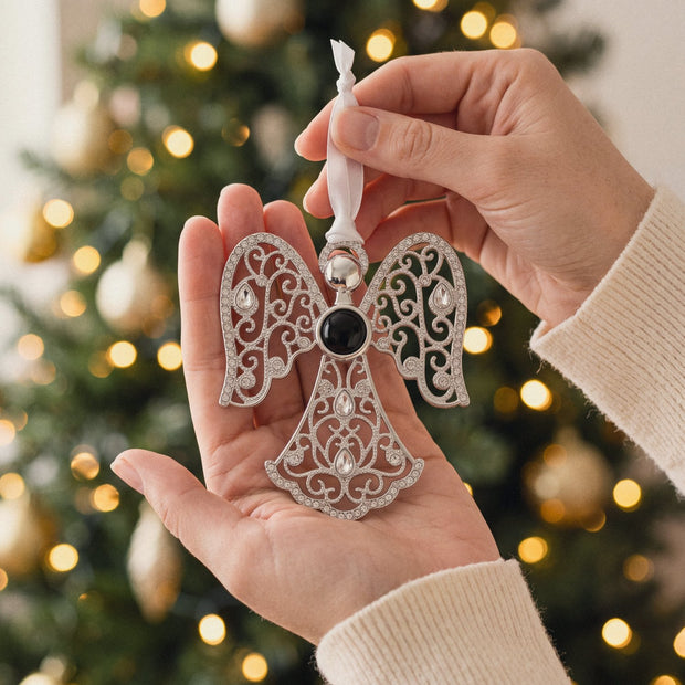 Personalized Filigree Angel Photo Ornament, worn