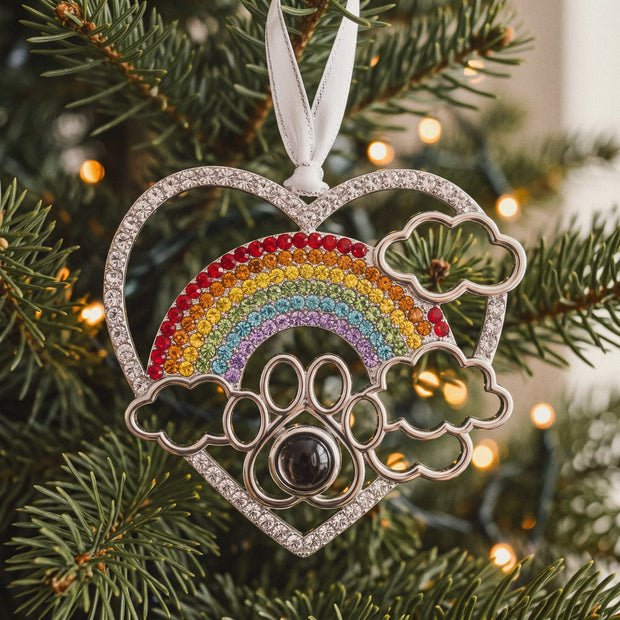 Personalized Rainbow Photo Bridge Ornament, worn