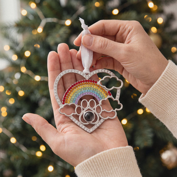Personalized Rainbow Photo Bridge Ornament, worn