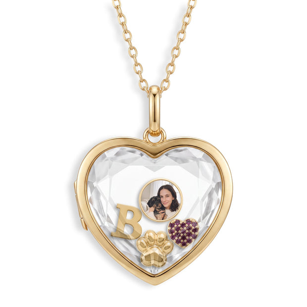 Pet Lover set: a pet photo charm, paw print, pave heart and initial B inside the heart locket