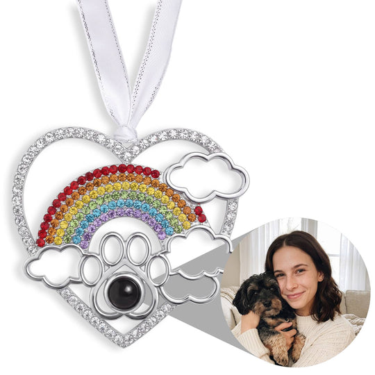 Personalized Rainbow Photo Bridge Ornament, shown with a sample photo