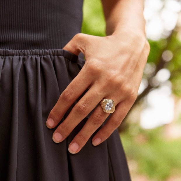Ribbed Birthstone Locket Ring, worn