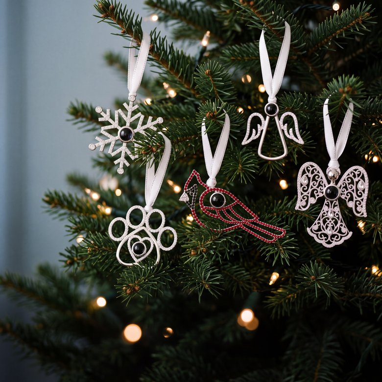 Silver photo ornaments shaped like a snowflake, paw print, cardinal and two angels hanging on a lit Christmas tree