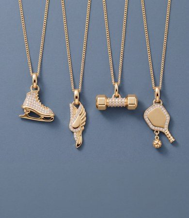 Gold figure skate, winged running shoe, dumbbell and pickleball necklaces